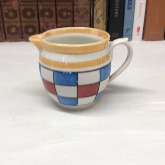 VINTAGE Czechoslovakia Pottery Creamer with Blue and Red Checks Art Deco 0415 - Picture 4 of 6